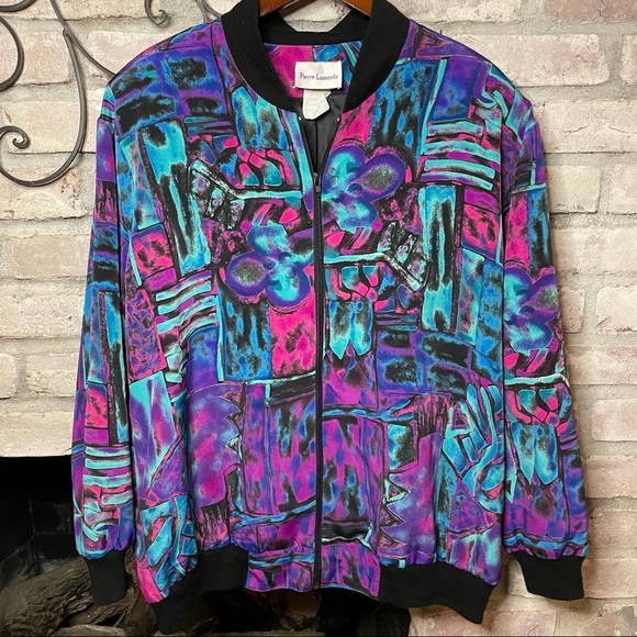 Vintage 80’s Pierre Lamonte ZipUp Abstract Jacket Black Pink Blue Large - Picture 1 of 5